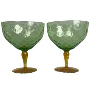 Two Vintage Pukeberg Green Vaseline Topaz Turkey Tracks Royal Fan Large Goblets